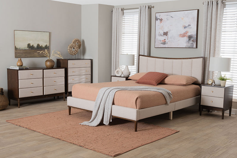 Verene Mid-Century Channel Tufted Beige Fabric and Wenge Brown Wood 5-Piece Queen Bedroom Set