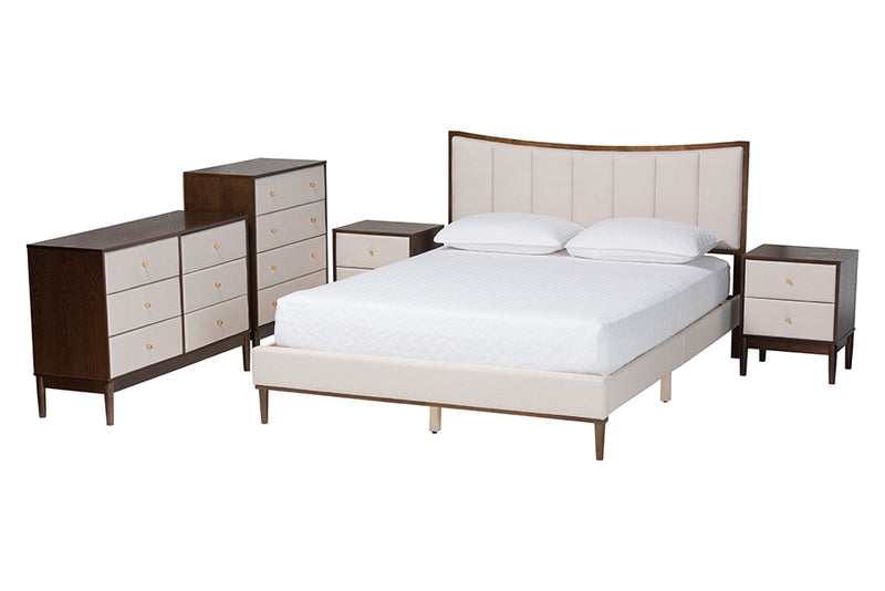 Verene Mid-Century Channel Tufted Beige Fabric and Wenge Brown Wood 5-Piece Queen Bedroom Set