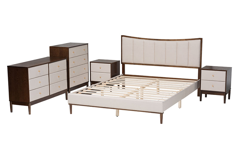 Verene Mid-Century Channel Tufted Beige Fabric and Wenge Brown Wood 5-Piece Queen Bedroom Set