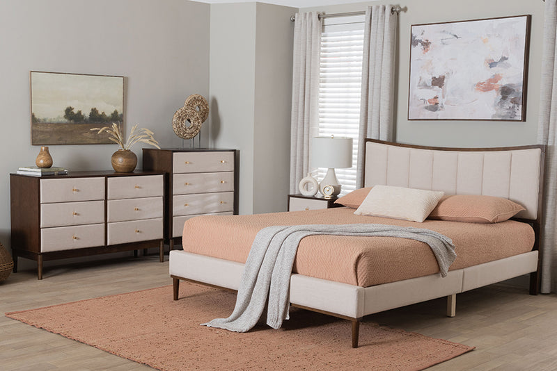 Verene Mid-Century Channel Tufted Beige Fabric and Wenge Brown Wood 4-Piece Queen Bedroom Set