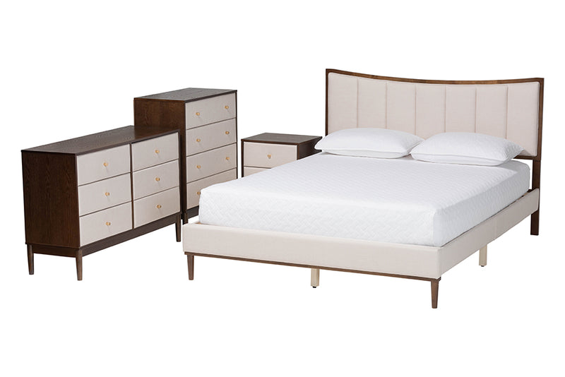 Verene Mid-Century Channel Tufted Beige Fabric and Wenge Brown Wood 4-Piece Queen Bedroom Set