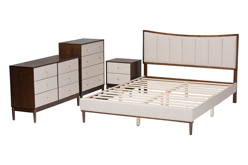 Verene Mid-Century Channel Tufted Beige Fabric and Wenge Brown Wood 4-Piece Queen Bedroom Set