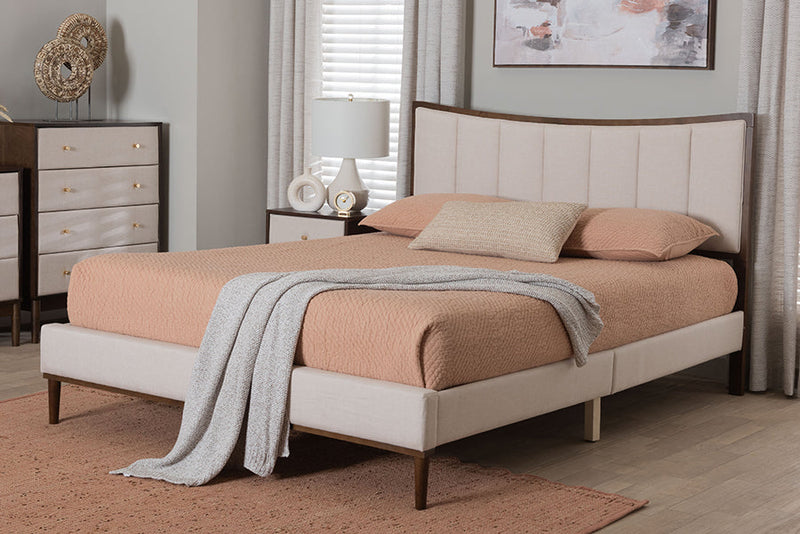 Verene Channel Tufted Beige Fabric and Wenge Brown Wood Queen Bed Baxton