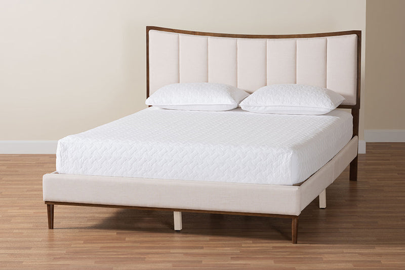 Verene Channel Tufted Beige Fabric and Wenge Brown Wood Queen Bed Baxton