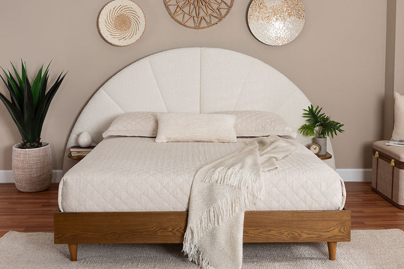 Braith Japandi Cream Boucle and Walnut Brown Wood Queen Bed Baxton