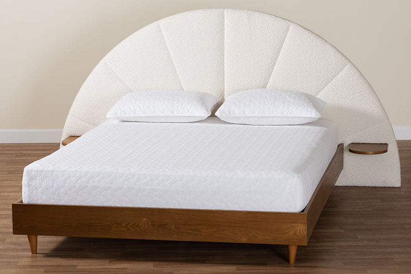 Braith Japandi Cream Boucle and Walnut Brown Wood Queen Bed Baxton