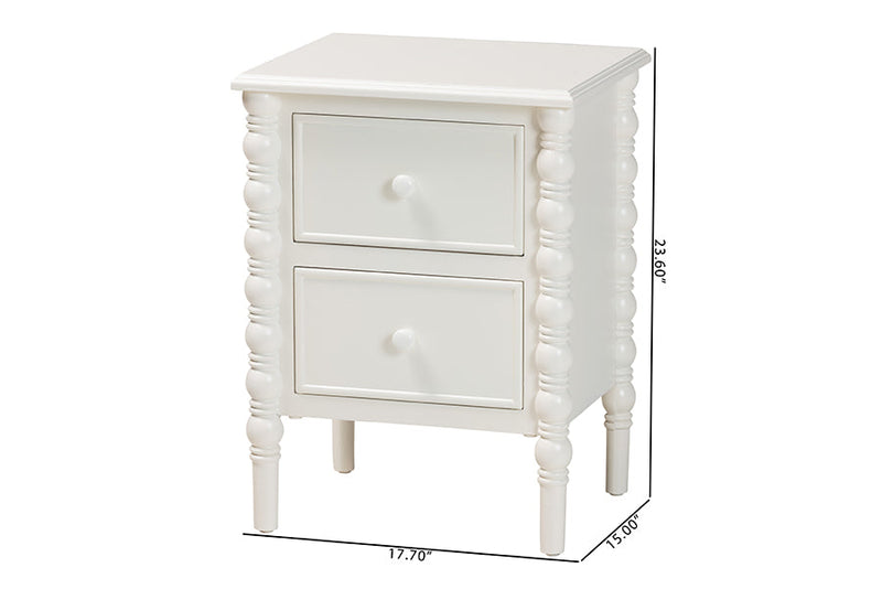 Sophia Classic White Wood 2-Drawer End Table w/Spindle Legs Baxton
