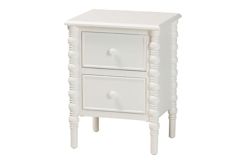 Sophia Classic White Wood 2-Drawer End Table w/Spindle Legs Baxton