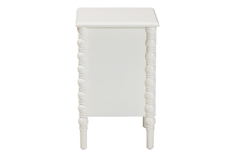 Sophia Classic White Wood 2-Drawer End Table w/Spindle Legs Baxton