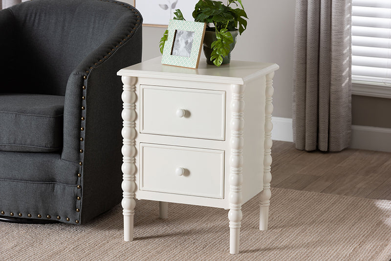 Sophia Classic White Wood 2-Drawer End Table w/Spindle Legs