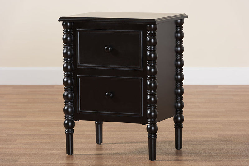 Sophia Classic Black Wood 2-Drawer End Table w/Spindle Legs Baxton