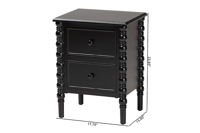 Sophia Classic Black Wood 2-Drawer End Table w/Spindle Legs