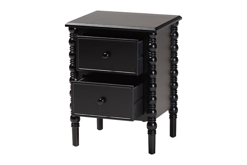 Sophia Classic Black Wood 2-Drawer End Table w/Spindle Legs