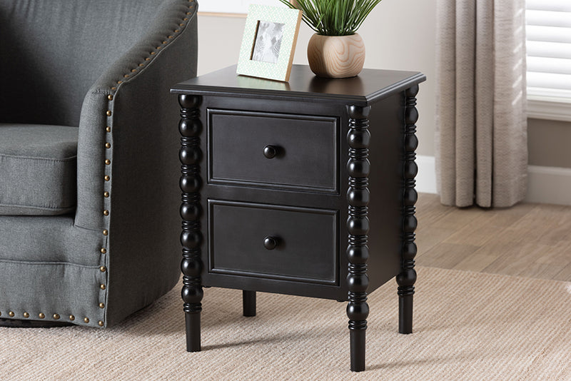 Sophia Classic Black Wood 2-Drawer End Table w/Spindle Legs