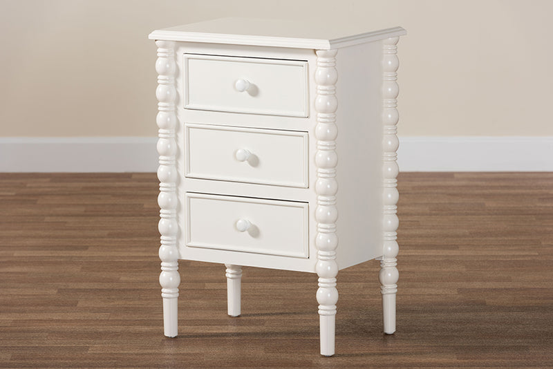 Sophia Classic White Wood 3-Drawer End Table w/Spindle Legs