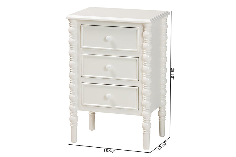 Sophia Classic White Wood 3-Drawer End Table w/Spindle Legs Baxton