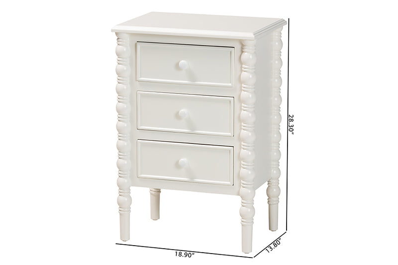 Sophia Classic White Wood 3-Drawer End Table w/Spindle Legs