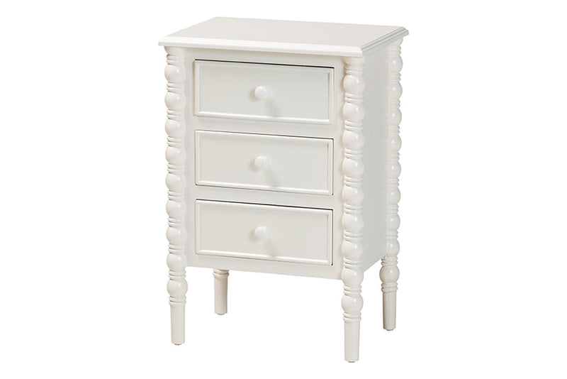 Sophia Classic White Wood 3-Drawer End Table w/Spindle Legs Baxton