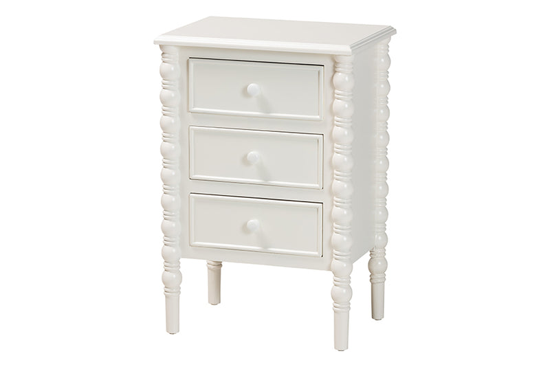 Sophia Classic White Wood 3-Drawer End Table w/Spindle Legs