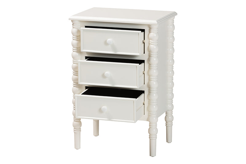 Sophia Classic White Wood 3-Drawer End Table w/Spindle Legs