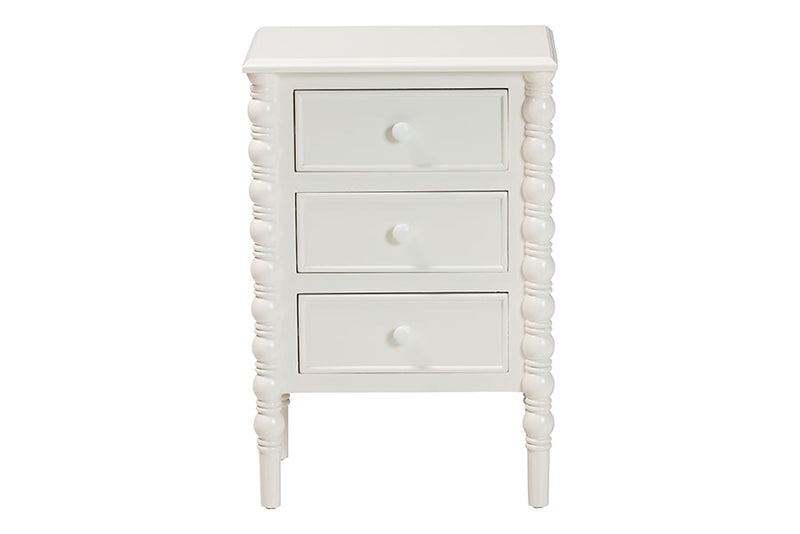 Sophia Classic White Wood 3-Drawer End Table w/Spindle Legs Baxton