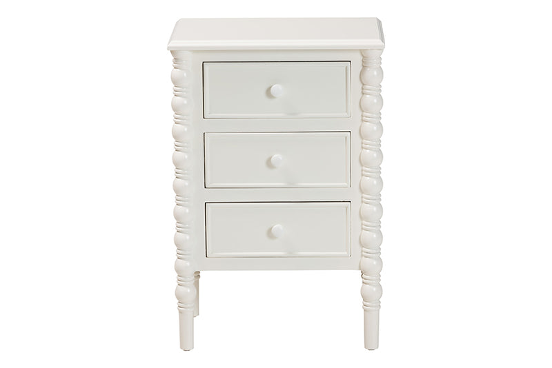 Sophia Classic White Wood 3-Drawer End Table w/Spindle Legs