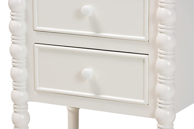 Sophia Classic White Wood 3-Drawer End Table w/Spindle Legs Baxton