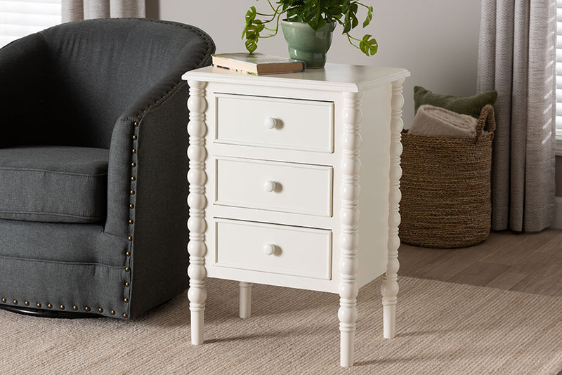 Sophia Classic White Wood 3-Drawer End Table w/Spindle Legs