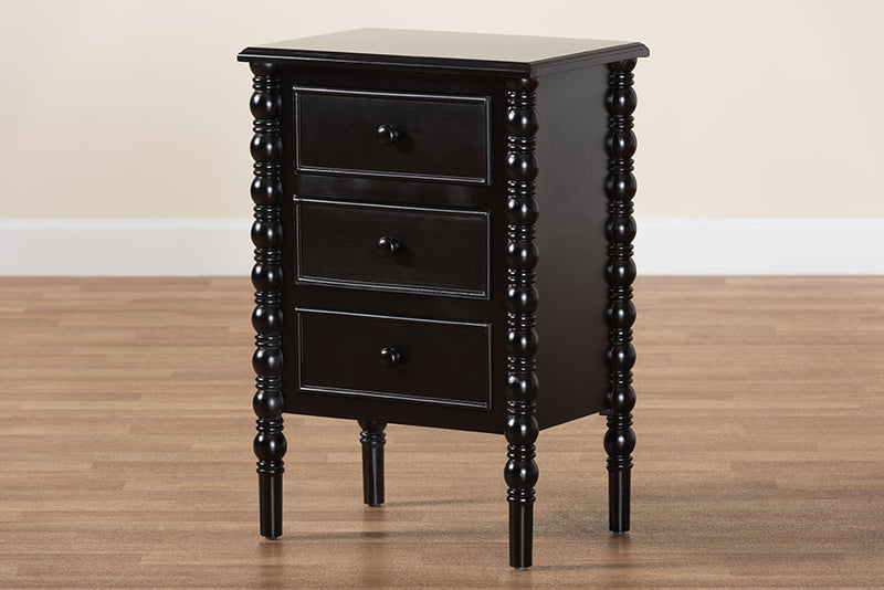 Sophia Classic Black Wood 3-Drawer End Table w/Spindle Legs