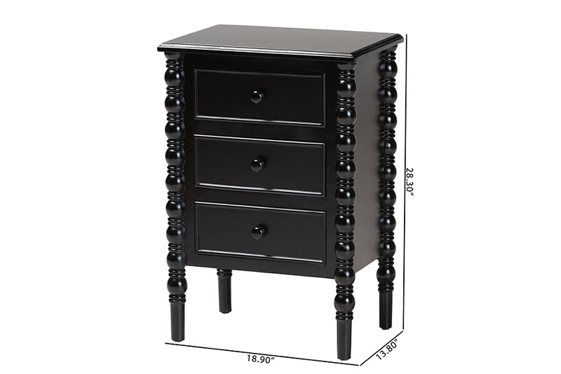 Sophia Classic Black Wood 3-Drawer End Table w/Spindle Legs