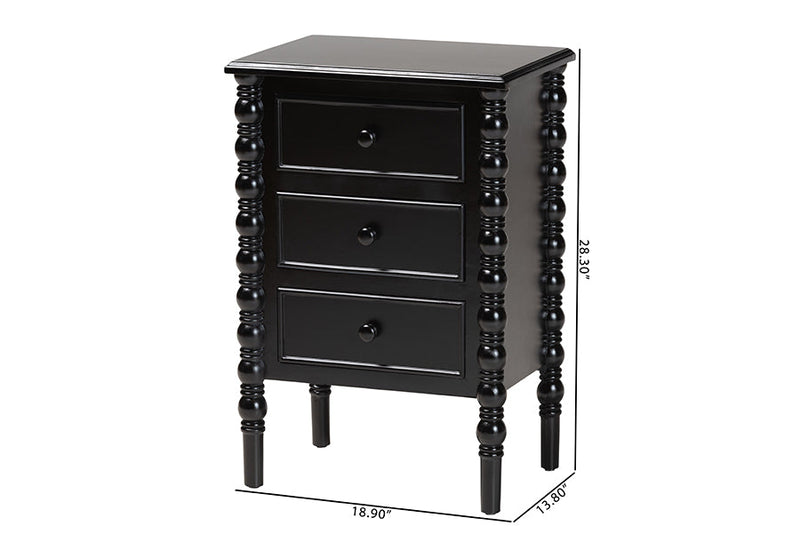 Sophia Classic Black Wood 3-Drawer End Table w/Spindle Legs Baxton
