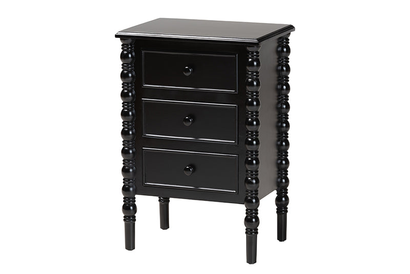 Sophia Classic Black Wood 3-Drawer End Table w/Spindle Legs