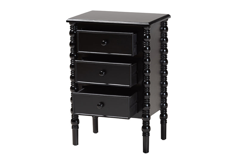 Sophia Classic Black Wood 3-Drawer End Table w/Spindle Legs