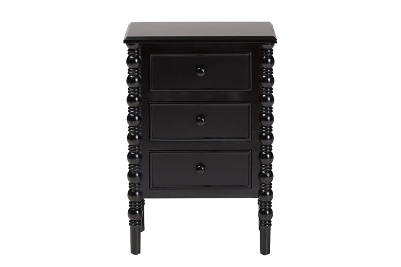 Sophia Classic Black Wood 3-Drawer End Table w/Spindle Legs Baxton