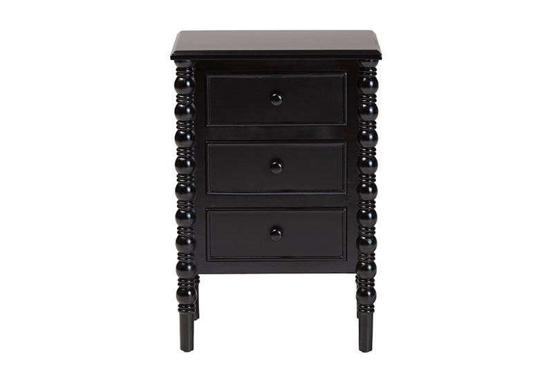 Sophia Classic Black Wood 3-Drawer End Table w/Spindle Legs