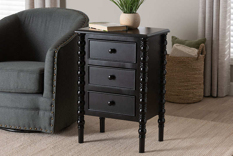 Sophia Classic Black Wood 3-Drawer End Table w/Spindle Legs