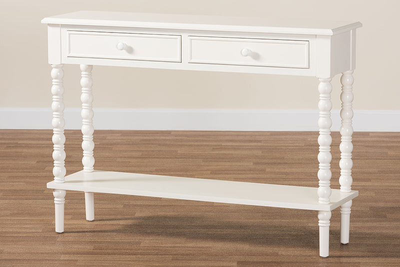 Sophia Classic White Wood 2-Drawer Console Table w/Spindle Legs