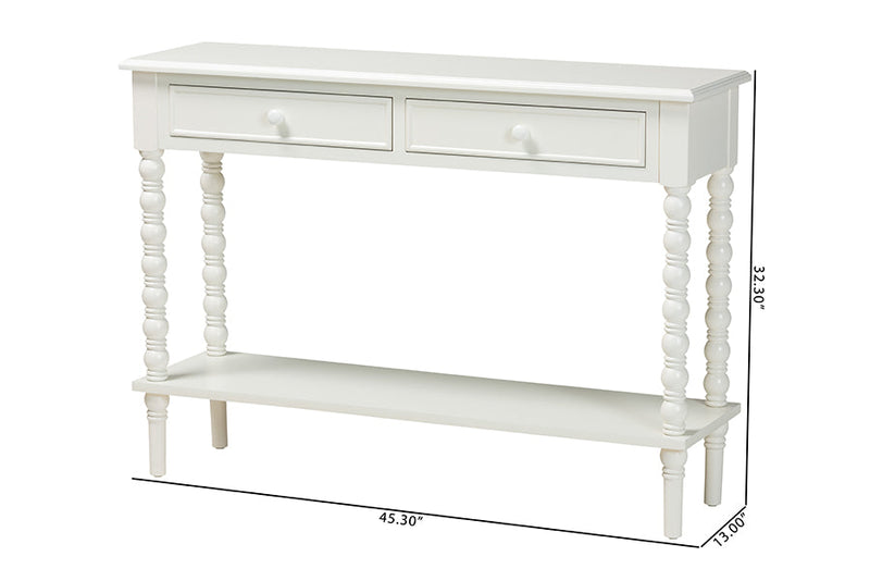 Sophia Classic White Wood 2-Drawer Console Table w/Spindle Legs Baxton
