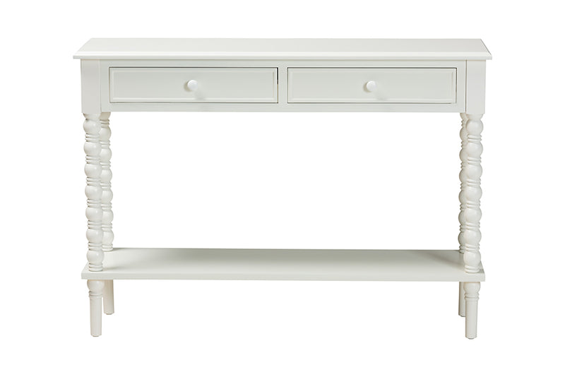 Sophia Classic White Wood 2-Drawer Console Table w/Spindle Legs