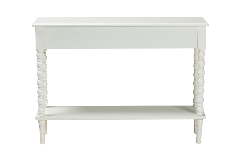 Sophia Classic White Wood 2-Drawer Console Table w/Spindle Legs Baxton