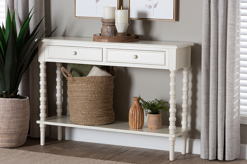 Sophia Classic White Wood 2-Drawer Console Table w/Spindle Legs