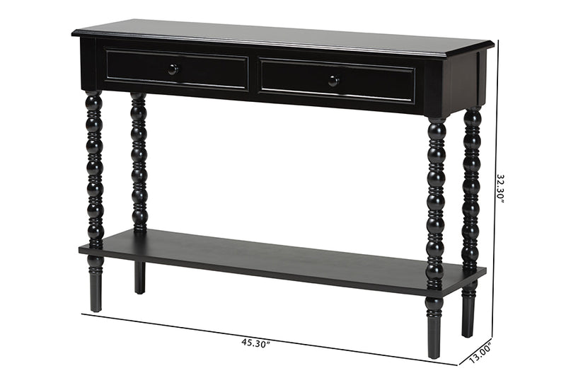 Sophia Classic Black Wood 2-Drawer Console Table w/Spindle Legs