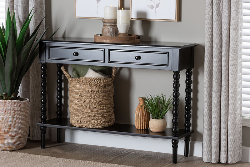 Sophia Classic Black Wood 2-Drawer Console Table w/Spindle Legs