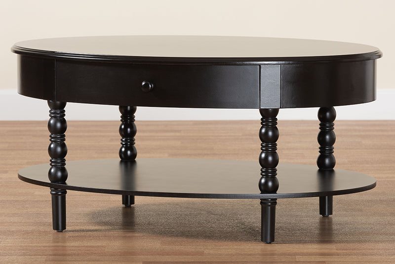 Sophia Classic Black Wood 1-Drawer Coffee Table w/Spindle Legs