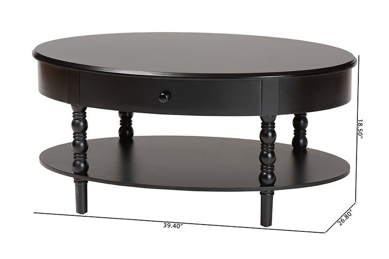 Sophia Classic Black Wood 1-Drawer Coffee Table w/Spindle Legs