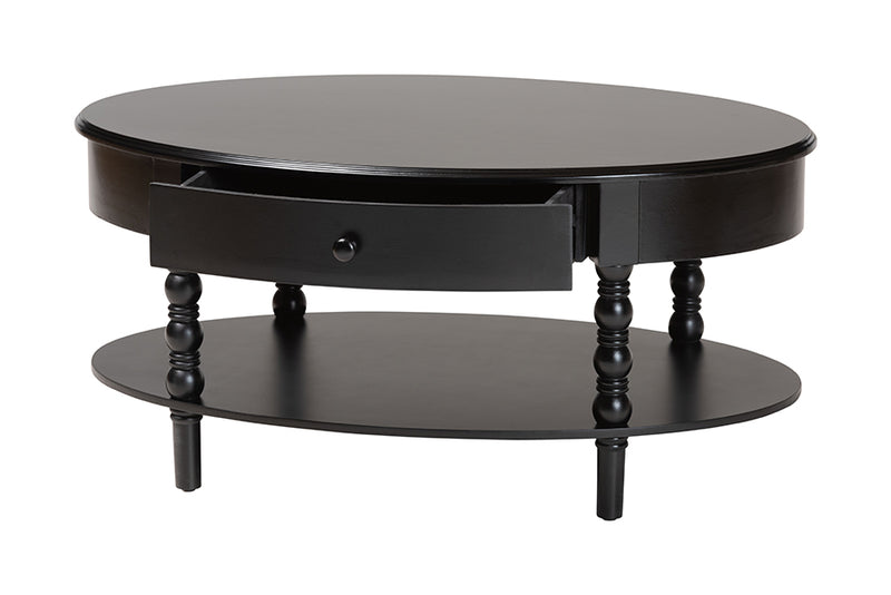 Sophia Classic Black Wood 1-Drawer Coffee Table w/Spindle Legs