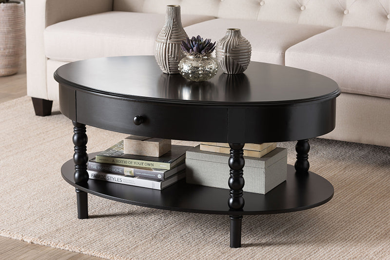 Sophia Classic Black Wood 1-Drawer Coffee Table w/Spindle Legs