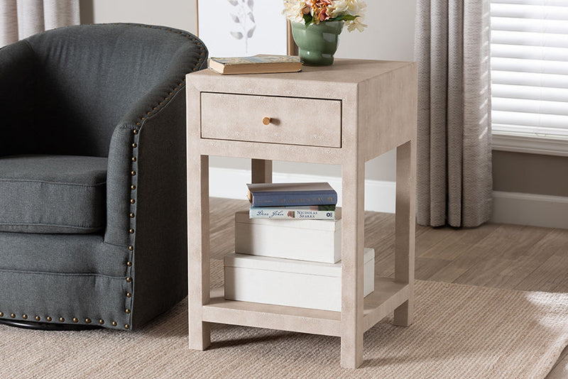 Cardinal Modern Beige Faux Shagreen 1-Drawer End Table Baxton