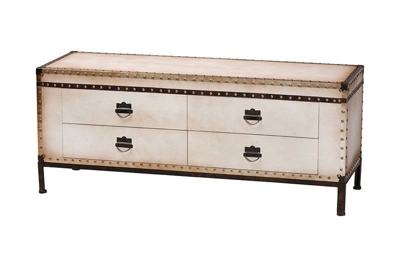 Vera Vintage Weathered White Canvas 4-Drawer Storage Bench