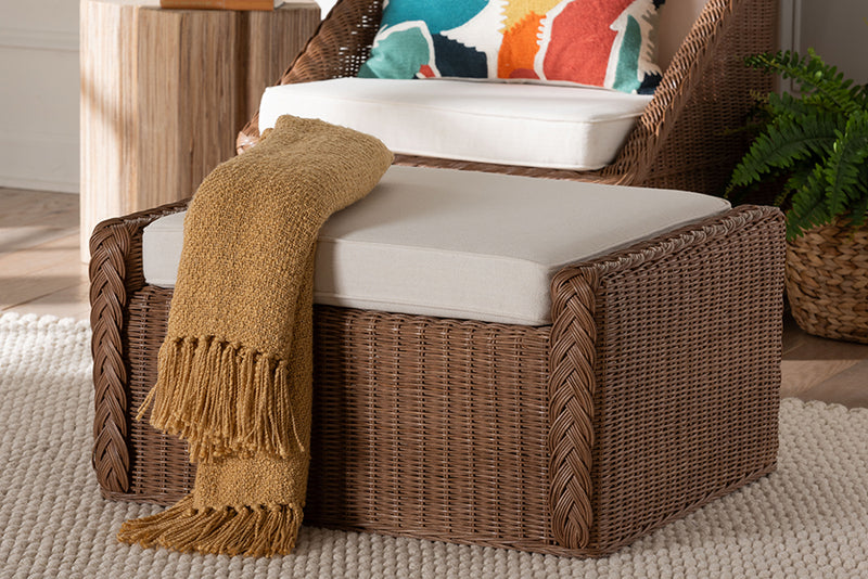 Jaylyn Bohemian Peanut Brown Braided Rattan Footstool